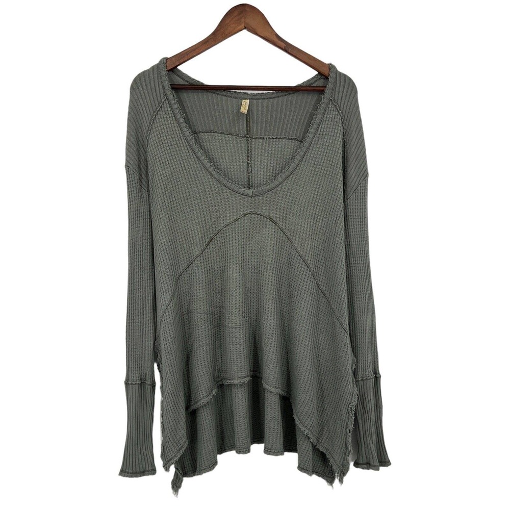Free People Womens Ventura Oversized Top Small Green Waffle Knit Distressed